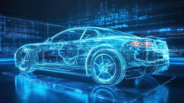 A futuristic blue glowing sports car in digital space. - Powered by Adobe