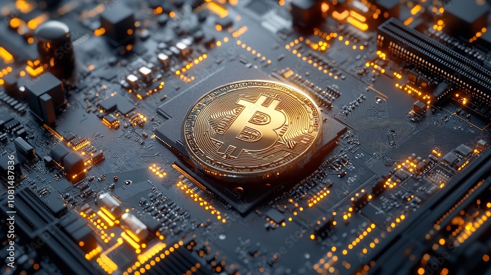 Aufkleber bitcoin symbol on circuit board with orange lights. close-up of a bitcoin coin on a circuit board wi