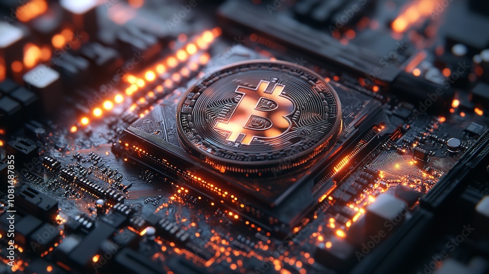 Poster bitcoin symbol on circuit board with orange lights. close-up of a bitcoin coin on a circuit board wi