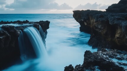 A cascading waterfall pours into the ocean from a cliff, creating a surreal and ethereal scene.