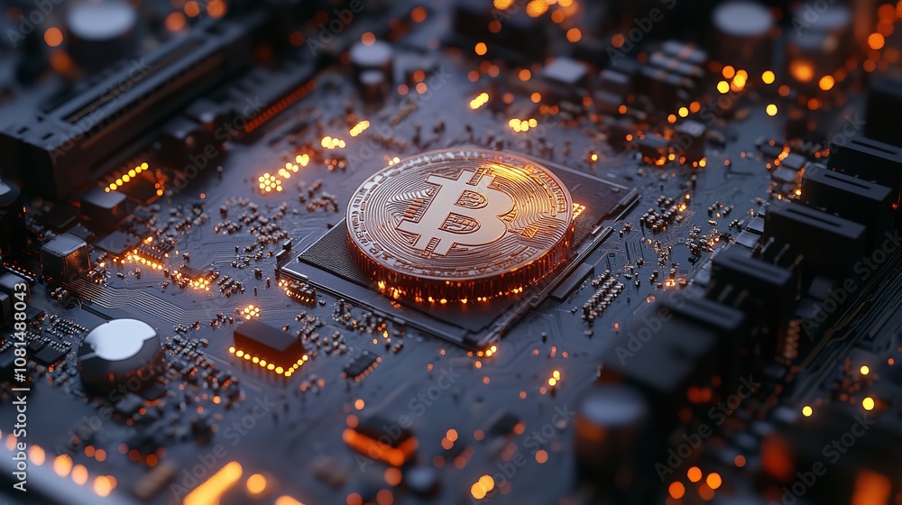 Aufkleber bitcoin symbol on circuit board with orange lights. close-up of a bitcoin coin on a circuit board wi