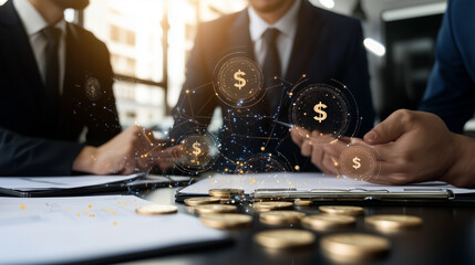 Financial Strategy: A close-up of a team of business professionals focused on a financial plan with dollar signs surrounding them.