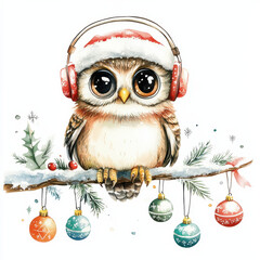 Cute owl wearing headphones and Santa hat, perched on branch with Christmas ornaments. Perfect for holiday themed designs and festive decorations