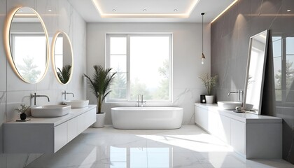 Animation of modern style luxury white bathroom with marble stone 3d render large window natural light into the room
