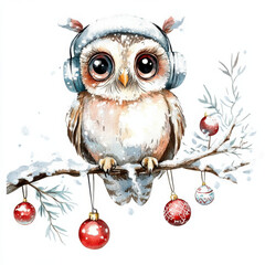 Cute owl wearing headphones in winter with Christmas ornaments