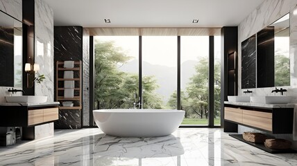 Animation of modern style luxury white bathroom with marble stone 3d render large window natural light into the room