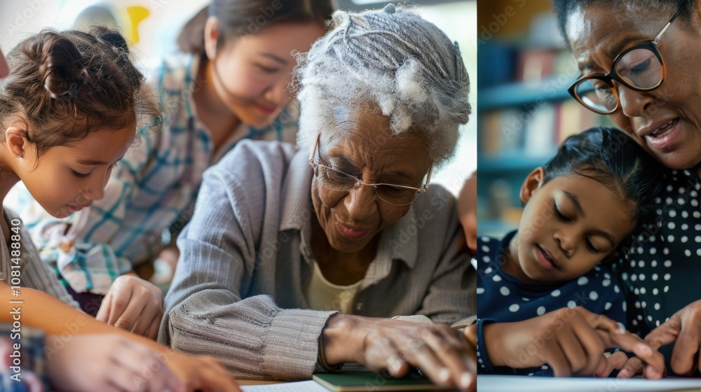 Poster a montage of different generations engaged in educational activities, reflecting the continuity and 