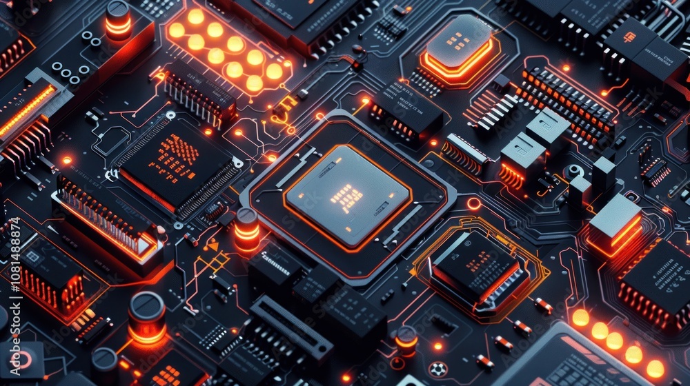 Aufkleber close-up of a glowing circuit board with a central processor.