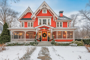 A beautiful Christmas church with white wood and arched windows, the door is decorated for Christmas with a red bow wreath, lots of snow on the roof, large pine trees covered in ice, lanterns, 