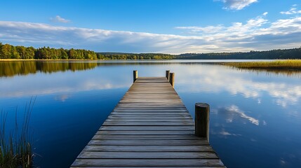 Obraz premium Wooden dock extending into a calm, blue lake with a forest and blue sky in the background. Concept of relaxation, peace, tranquility, and nature.