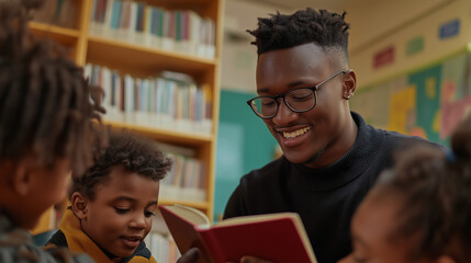 Obraz premium Young man reading to a group of children in a library, gentle smile, expressions of engagement and warmth from children, focus on nurturing and mentorship, illustrating positive masculinity