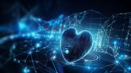 Abstract concept of digital health with blue holographic medical symbols, stethoscope icon and heart monitor line on a high-tech background, symbolizing medical innovation