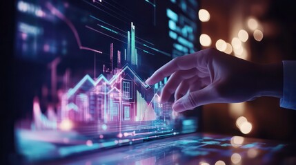 Hand interacting with a digital screen showcasing a graph of a house rising in value, representing growth and success in the real estate market.