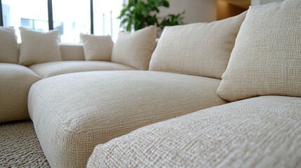 Close-up of a beige sectional sofa with pillows.
