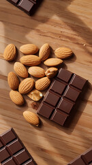 Delicious dark chocolate squares placed on a wooden surface, surrounded by roasted almonds, creating an appealing and gourmet snack combination perfect for chocolate lovers.