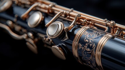 Obraz premium Close-up of a black flute with gold accents and intricate engravings.