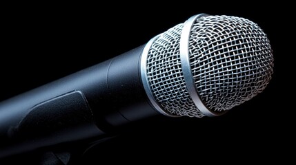 Close-up of a black microphone with a silver grill against a black background.