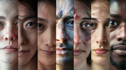 A montage of facial expressions showing emotions from different cultures and backgrounds, Reflecting the universality and diversity of human emotions, photography style