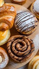 Fototapeta premium Freshly baked pastries and desserts including croissants, creamy danishes, and chocolate swirled muffins presented on a wooden platter, perfect for a delightful brunch or snack.