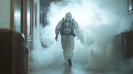 Hazmat Suit in a Foggy Corridor