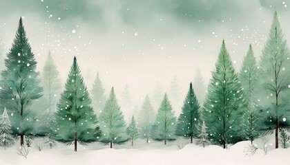 Gentle watercolor winter landscape with pastel green pine trees and soft snowfall. Generative AI