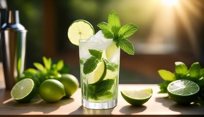 A Refreshing Cocktail of Icy Mojito with Fresh Mint Leaves and Lime Slices, Captured in Bright, Airy Natural Light for a Perfect Summer Vibe