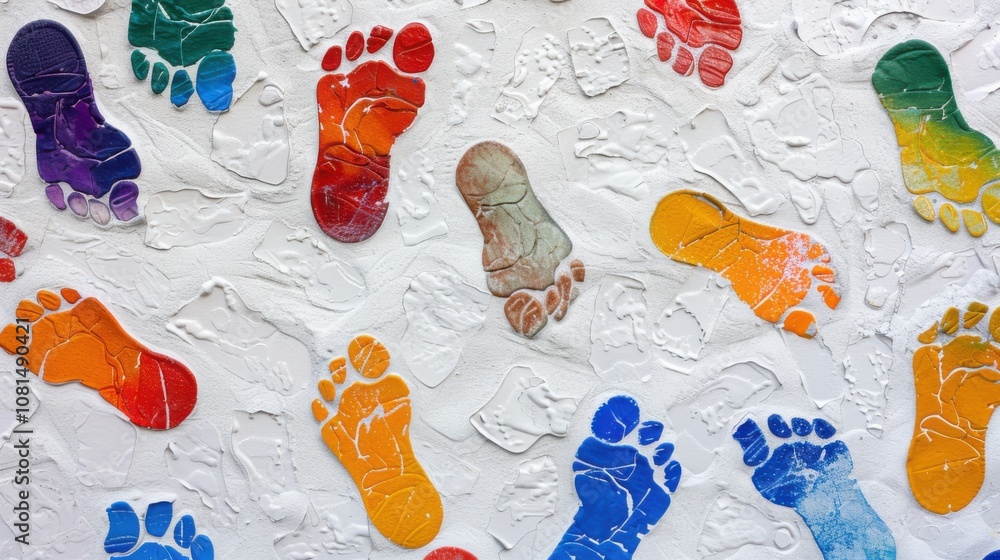 Poster a mosaic of diverse footprints in various colors and patterns on a white canvas, representing the jo