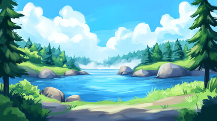 A picturesque scene of a calm lake nestled amidst lush greenery, with a forest backdrop and a blue sky dotted with fluffy clouds.