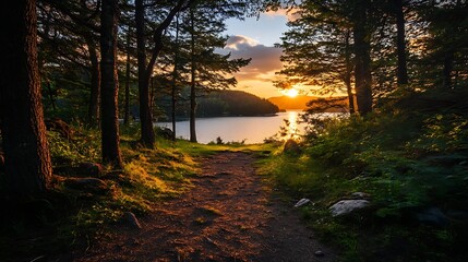 Pathway leading to a serene lake at sunset with golden light illuminating the water and the trees