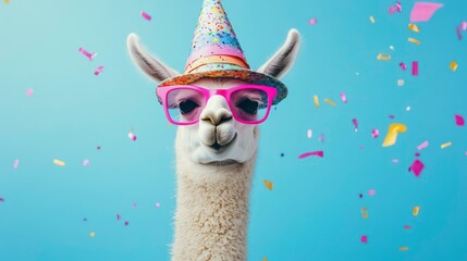 A llama wearing a party hat and sunglasses, with confetti falling around it.