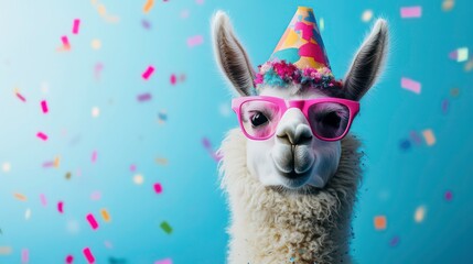 Obraz premium A llama wearing a party hat and glasses looks at the camera with confetti falling around it.