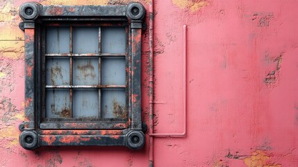 Naklejka premium Vintage window frame on a textured pink wall, showcasing decay.