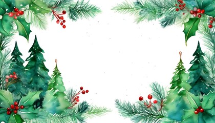Watercolor New Year card frame featuring green Christmas trees and holly sprigs for festive celebrations. Generative AI