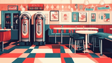Empty retro diner with checkered floor.