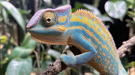 Obraz premium A vibrant chameleon with a blue, yellow, and pink body perched on a branch, with green foliage in the background.