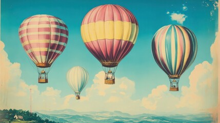 Fototapeta premium Five colorful hot air balloons fly above clouds.