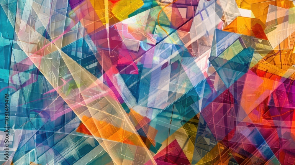 Poster a mosaic of overlapping transparent layers in vibrant colors, depicting the complexity and beauty of