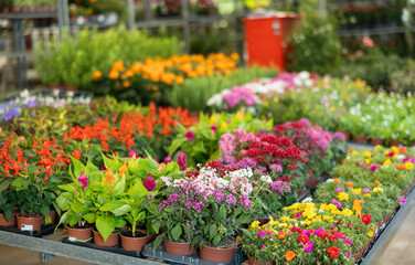 On shelf there are rows of various ornamental plants for decorating apartment, office, country...