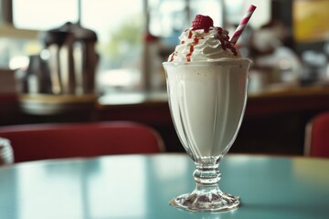 Milkshake with whipped cream and a cherry.