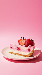 Slice of strawberry cheesecake fashion pink background. food photography advertising modern delicious atmosphere cute luxury wallpaper