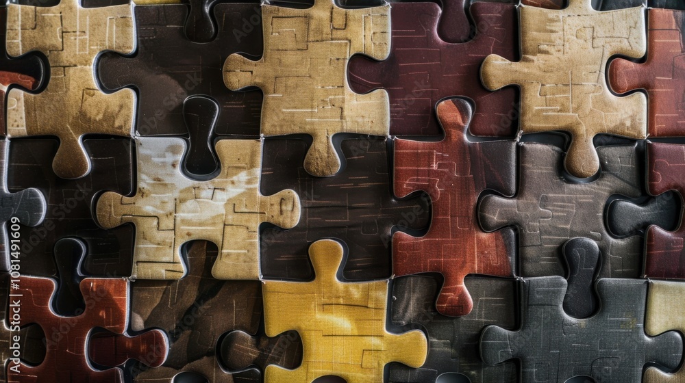 Poster A mosaic of puzzle pieces in different shapes and sizes fitting together seamlessly, representing the collective strength and unity found in diversity, photography style