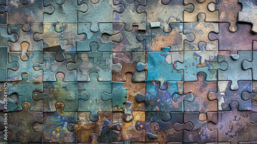 Poster A mosaic of puzzle pieces in different shapes and sizes fitting together seamlessly, representing the collective strength and unity found in diversity, photography style