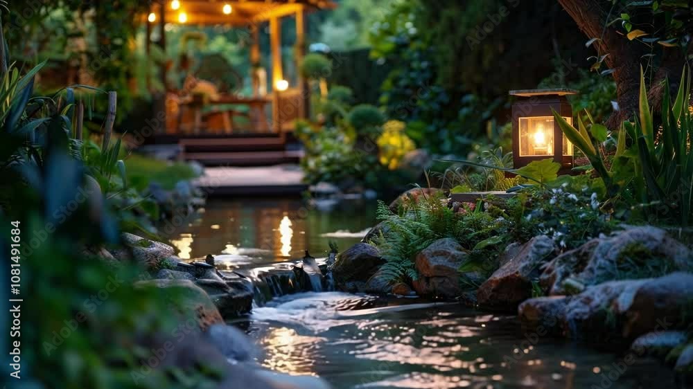 Poster small river is flowing through a backyard garden with a lit lantern in the foreground and a gazebo l