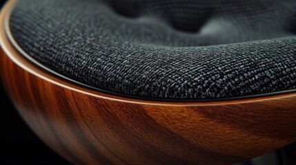 Closeup of a dark gray tufted fabric chair seat with a wooden base.