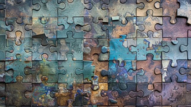 A mosaic of puzzle pieces in different shapes and sizes fitting together seamlessly, representing the collective strength and unity found in diversity, photography style