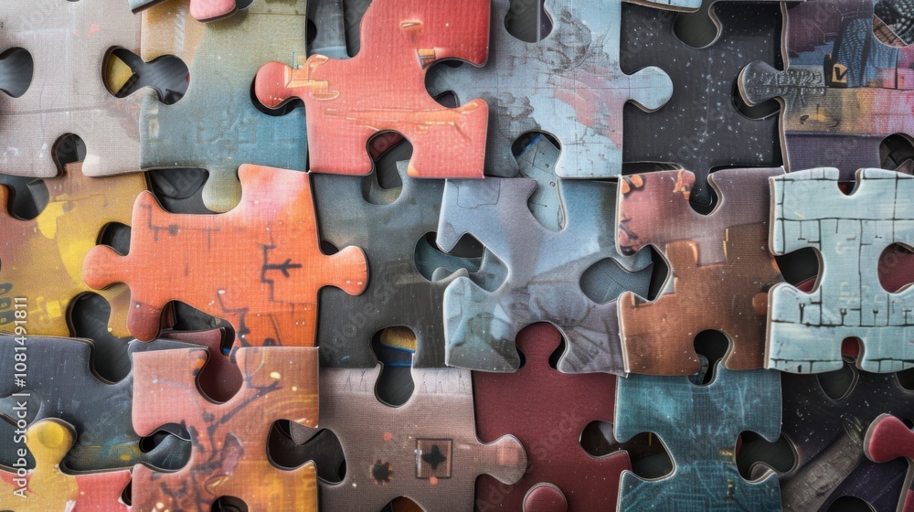 Poster a mosaic of puzzle pieces in varied shapes and textures fitting together seamlessly, representing th