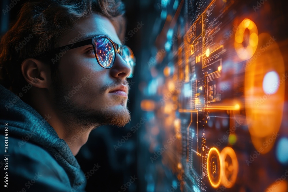 Poster a young man wearing glasses looks intently at a large screen displaying complex data and code. the s
