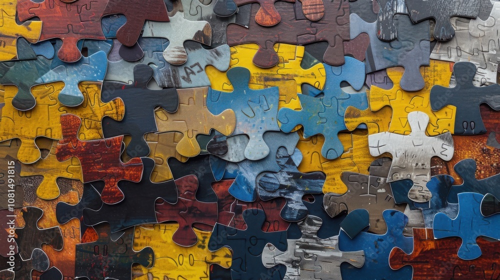 Poster a mosaic of puzzle pieces in varied shapes and textures fitting together seamlessly, representing th