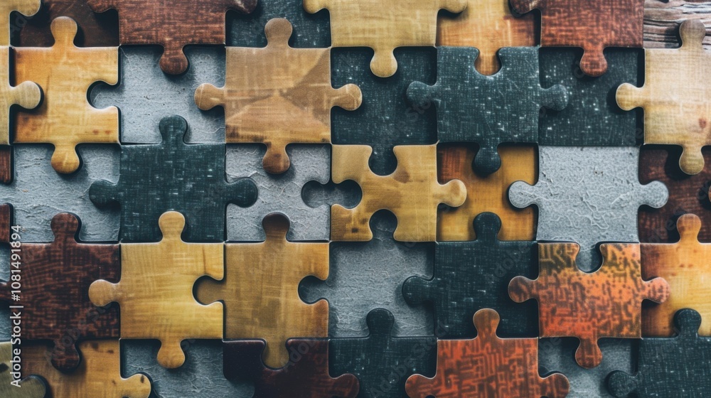 Poster a mosaic of puzzle pieces in varied shapes and textures fitting together seamlessly, representing th