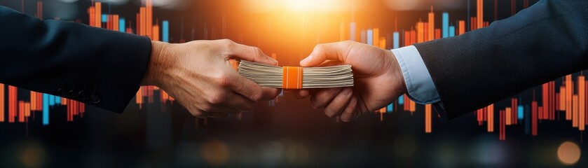A close-up of two hands exchanging cash, symbolizing financial transactions and investment in a dynamic market environment.